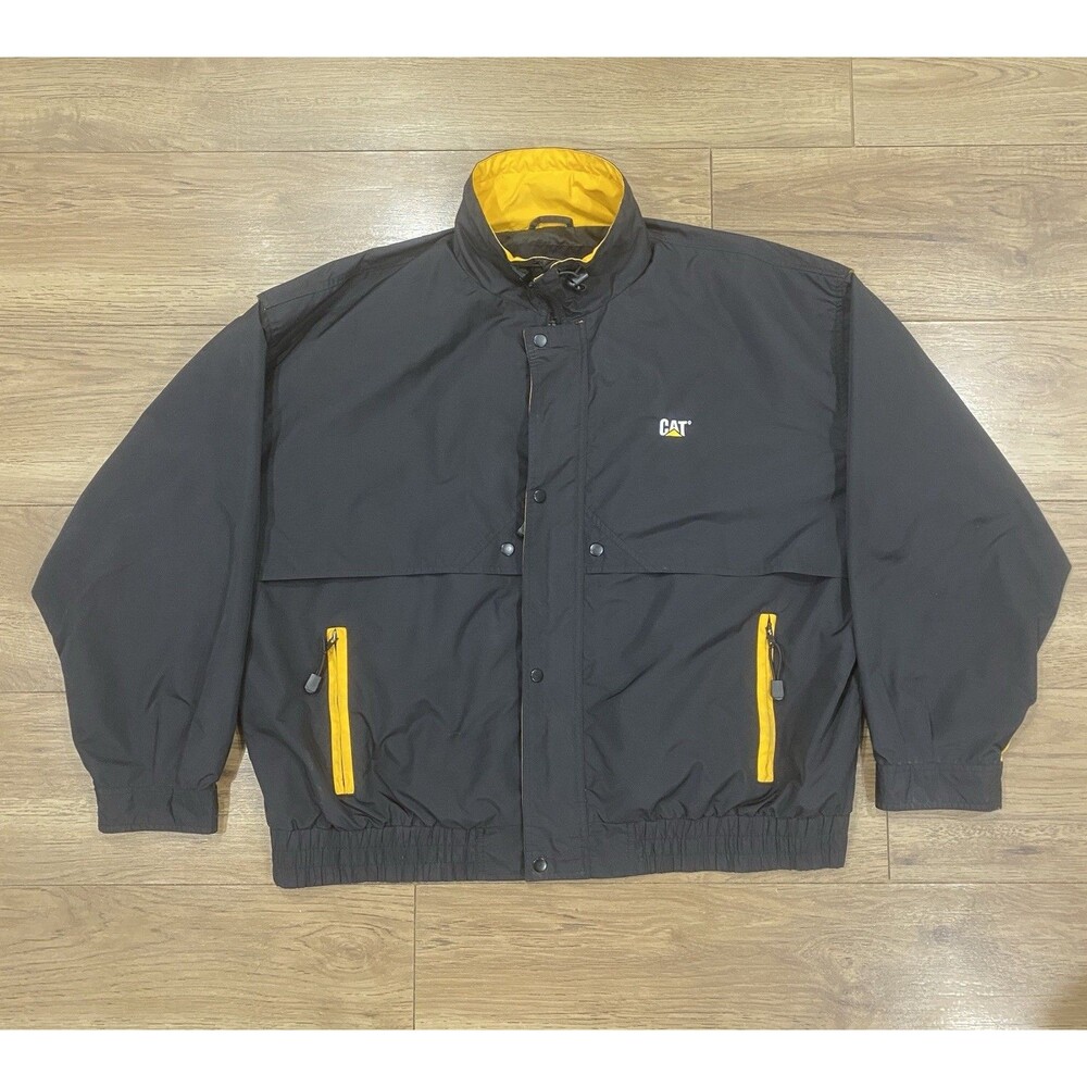 Caterpillar Men's 2XL Jacket Black/Yellow Zip Up Rain Windbreaker Y2K Workwear